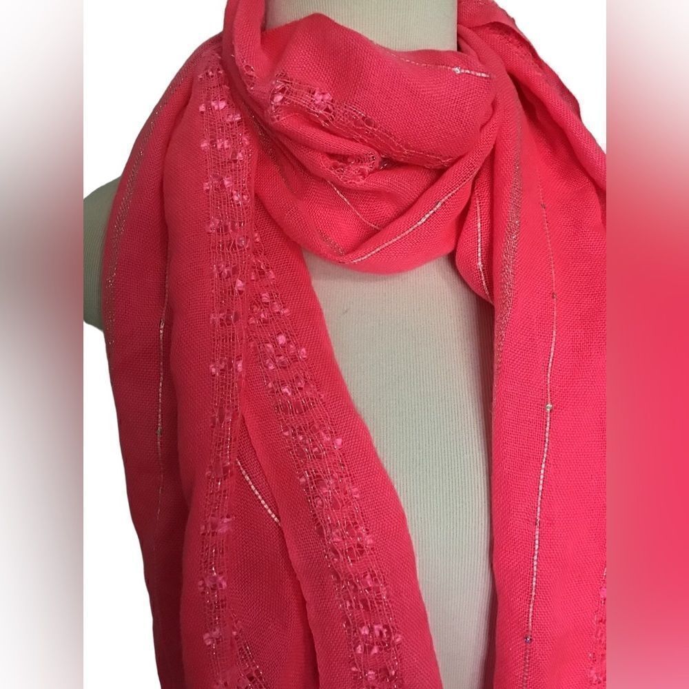 Hot Pink Fringe Scarf with Silver Threads - Picture 5 of 6
